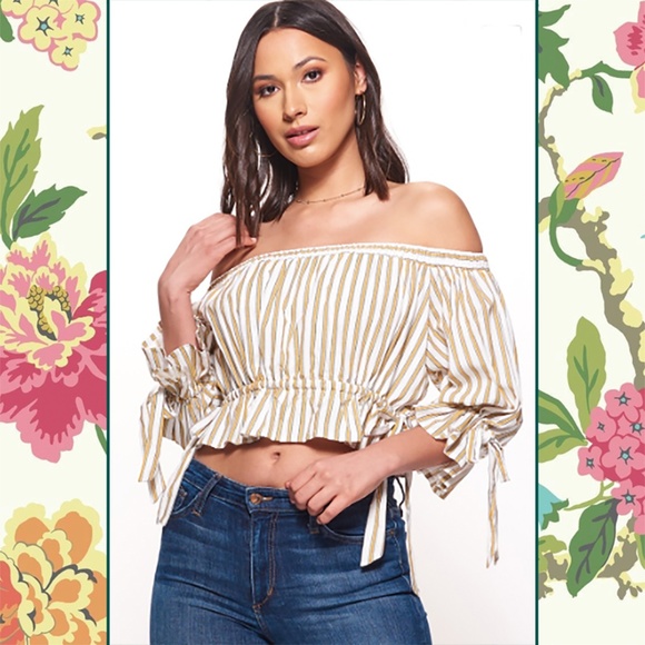 ShopOnMelrose Tops - 🌴Striped Off Shoulder Crop Top w/ Tie Detail🌴